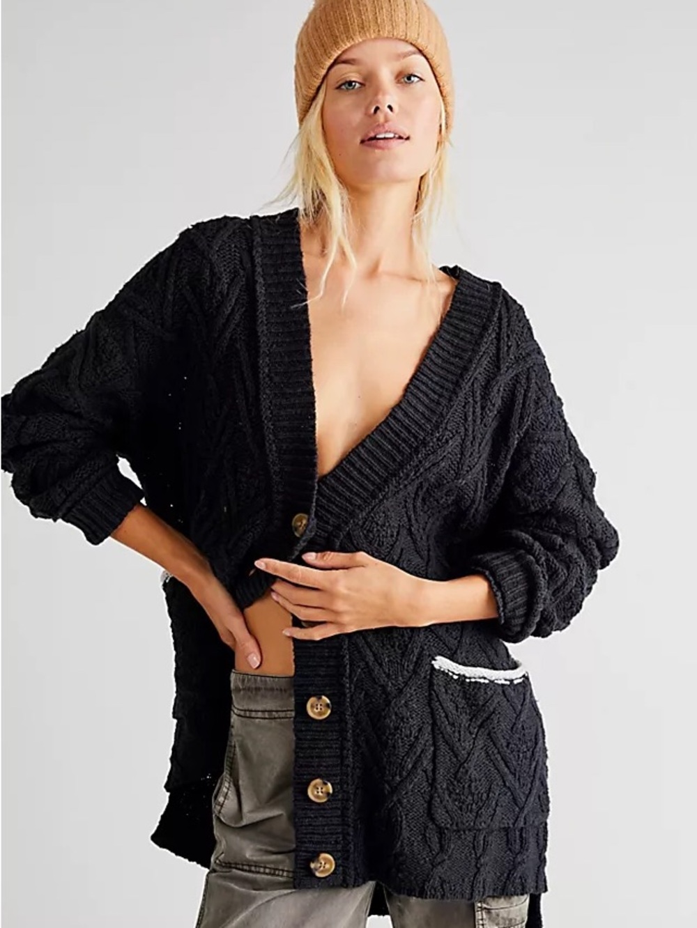 FREE PEOPLE Montana Gray Black Button Down Cotton Cable Knit Cardigan Sweater